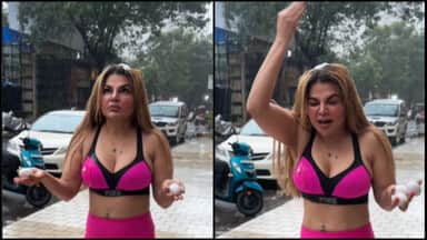 Rakhi Sawant Viral Video broke eggs on her head drama in the middle of the road for new dulha - टाइट कपड़े पहन बारिश में भीगीं राखी, पपराजी को देख सिर पर